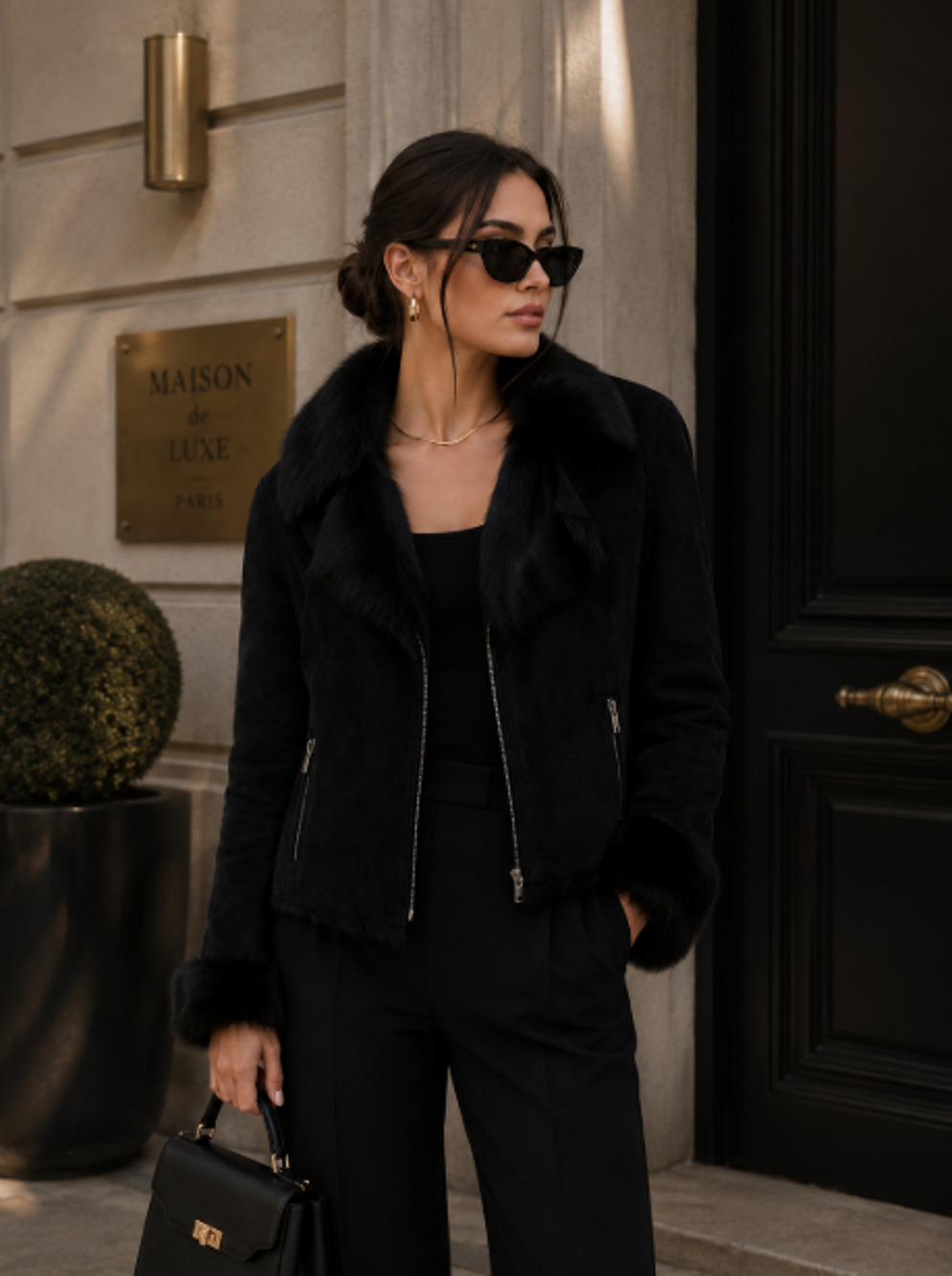 Neto Women Black Lambskin Leather Fur Trim Jacket Sz S Zip Front Afgan Mob Wife
